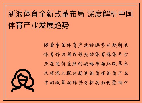 新浪体育全新改革布局 深度解析中国体育产业发展趋势